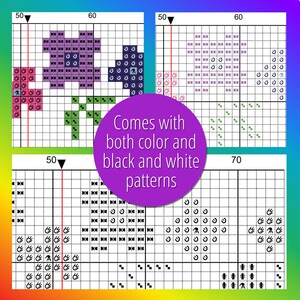 May include: Four cross-stitch patterns are displayed, each with a grid background. The patterns include floral and abstract designs, with color and black and white options. A purple circle in the center reads "Comes with both color and black and white patterns."