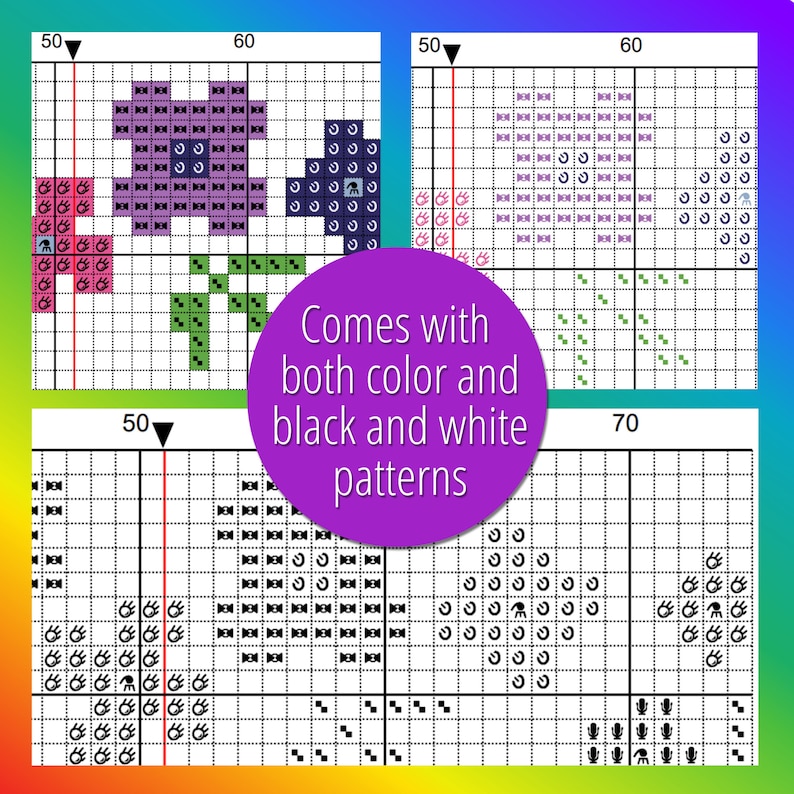 May include: Four cross-stitch patterns are displayed, each with a grid background. The patterns include floral and abstract designs, with color and black and white options. A purple circle in the center reads "Comes with both color and black and white patterns."