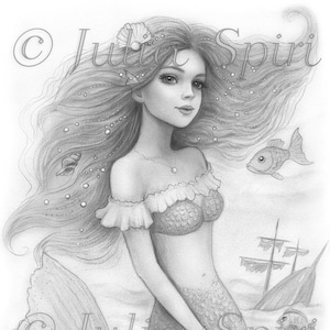 Grayscale Coloring Page, Fantasy Mermaid, Sea, Ocean, Siren. Nerine Mermaid