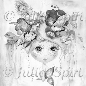 Tampon numérique, chiffre, mer, poisson, fleurs, papillon, fille, grands yeux, conte de fées, fantastique, fantaisiste Coloriages Artisanat Fabrication de cartes. Fantaisie