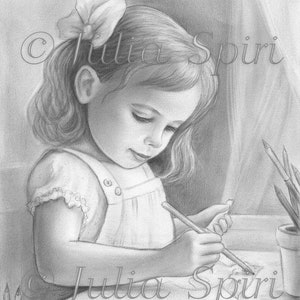 Coloring Page, Digital stamp, Beautiful Digi, Cute Girl, Realistic Portrait, Colored pencils, Drawing, Grayscale. I love Coloring image 1
