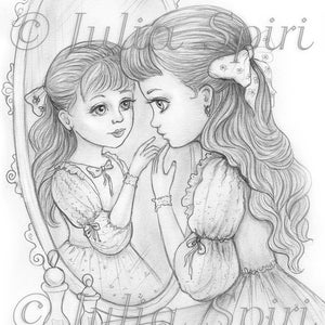 Grayscale Coloring Page, Cute Girl looking in the mirror. Reflection