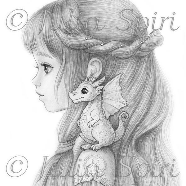 Coloriage en niveaux de gris, jolie fille fantastique et dragon. Une petite princesse Kaira et son adorable acolyte dragon