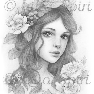 May include: A detailed pencil drawing of a woman with long, wavy hair, adorned with a floral crown and roses. The artwork features delicate shading and the artist's signature, "Julia Spiri."