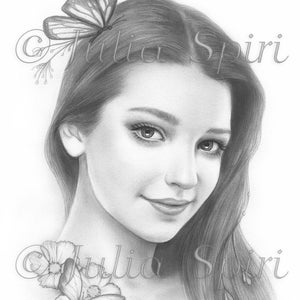 Coloring Page, Digital stamp, Digi, Girl, Realistic Portrait, Fantasy, Butterfly, Grayscale. Amelia