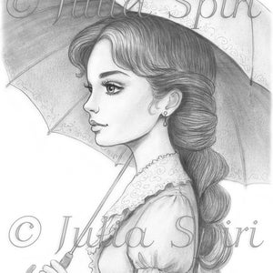 Grayscale Coloring Page, Fantasy Girl. Enchanting Rainfall