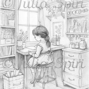 Grayscale Coloring Page, Whimsy Girl in Crafting Room. The Crafting Corner image 1