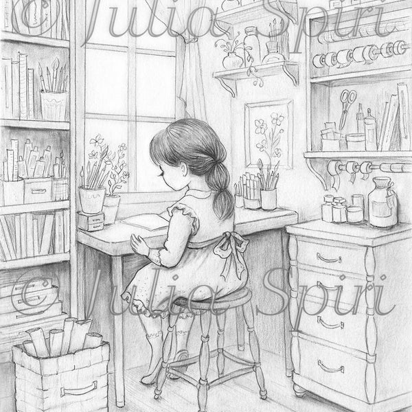 Grayscale Coloring Page, Whimsy Girl in Crafting Room. The Crafting Corner