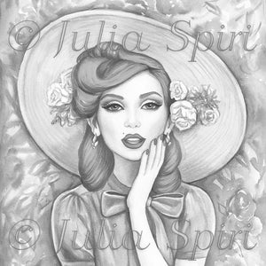 Grayscale Coloring Page, Digital stamp, Digi, Girl Vintage, Hat, Red hair, Flowers, Realistic portrait, Black & White lineart. Madeline image 1