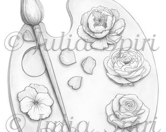 Grayscale Coloring Page, Whimsy Flowers in Color Palette. The Flower Palette