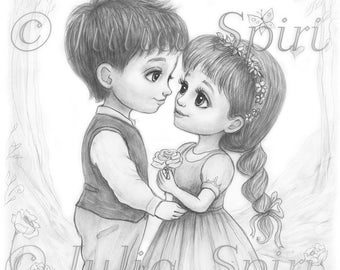 Grayscale Coloring Page, Girl and Boy in Love. Innocent Romance