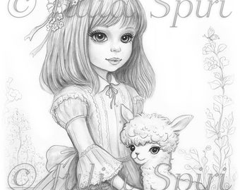 Grayscale Coloring Page, Cute Fantasy, Vintage Girl. Jenny and her Little Alpaca