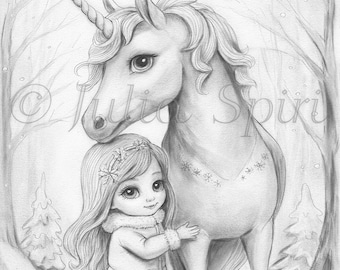 Grayscale Coloring Page, Fairytale Cute Girl. The Winter Unicorn and Little Whimsy