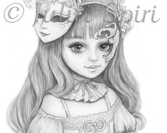 Grayscale Coloring Page, Cute Fantasy Girl with Mask in Venice. Venetian Reverie