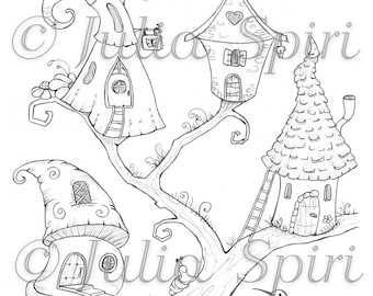 Coloring Page, Whimsy Forest. Fairy Houses