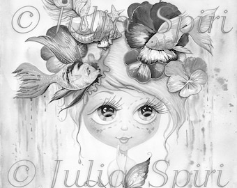 Digital stamp, Digi, Sea, Fish, Flowers, Butterfly, Girl, Big Eyes, Fairytale, Fantasy, Whimsical Coloring pages Crafting Cardmaking. Whimsy