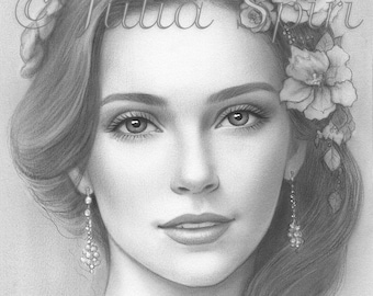 Grayscale Coloring Page, Beautiful Women Portrait. Lucrecia