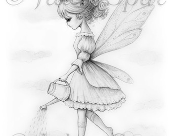Grayscale Coloring Page, Whimsy Fairy on Clouds. The Rain