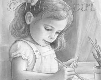 Coloring Page, Digital stamp, Beautiful Digi, Cute Girl, Realistic Portrait, Colored pencils, Drawing, Grayscale.  I love Coloring