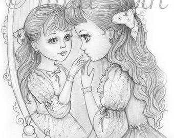 Grayscale Coloring Page, Cute Girl looking in the mirror. Reflection