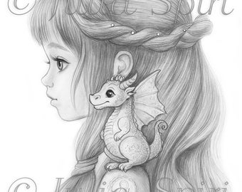 Grayscale Coloring Page, Cute Fantasy Girl and Dragon. A Petite Princess Kaira and her Lovable Dragon Sidekick