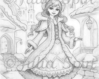 Grayscale Coloring Page, Whimsy Winter Girl. A Fairytale Stroll in the Enchanted Winter Village