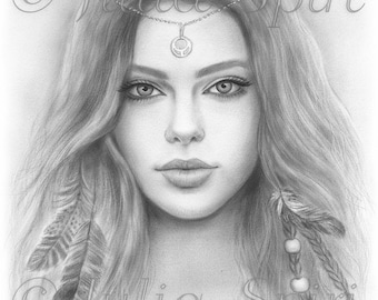 Coloring Page, Digital stamp, Digi, Girl, Realistic Portrait, Fantasy, Boho, Feathers, Grayscale. Onalee