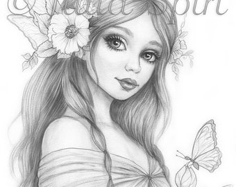 Grayscale Coloring Page, Fantasy Fairy Girl with Flowers. A Fairy's Grace