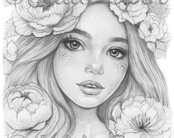 Grayscale Coloring Page, Fantasy Girl with Peonies. Portrait of a Peony Enchantress