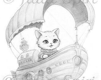 Grayscale Coloring Page, Fantasy Flying Cat. Cat and Airship Chronicles