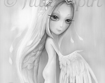 Coloring Page, Digital stamps, Angel, Fantasy, Wings, Big Eyes, Whimsy, Paper crafting, Cardmaking. Ofelia Angel