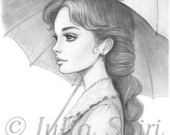 Grayscale Coloring Page, Fantasy Girl. Enchanting Rainfall