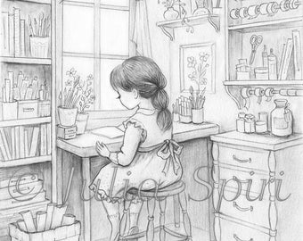 Page à colorier en niveaux de gris, fille fantaisiste dans une salle de bricolage. Le coin de l'artisanat