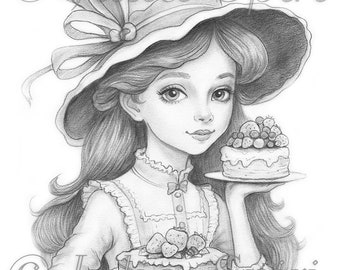 Grayscale Coloring Page, Whimsy Girl with Cakes. Sweet Temptation