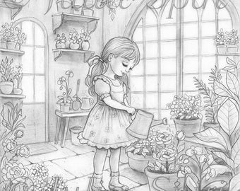 Grayscale Coloring Page, Whimsy Girl Watering Flowers. The GreenHouse