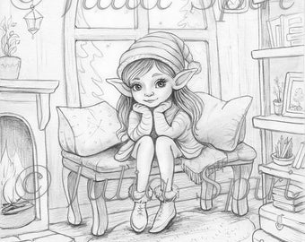 Grayscale Coloring Page, Whimsy Winter Elf in Cozy Home. Winter Mood