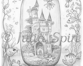 Grayscale Coloring Page, Castle inside the bottle at the bottom of the sea. Whimsical World