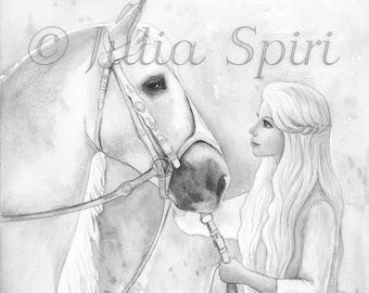 Grayscale Coloring Page, Digital stamp, Digi, Girl Romantic, Horses, Realistic portrait, Crafting, Black & White lineart. Grace and horse