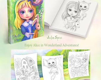 PDF Digital Coloring Book for Adults: Alice in Wonderland. Cheshire Cat, White Rabbit, Queen Heart, Whimsy, Line art.