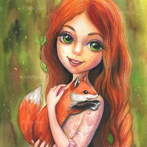 Grayscale Coloring Page, Digital stamp, Digi, Girl Fox, Redhead, Whimsy, Crafting, Scrapbooking, Black & White. Roxy and Foxy
