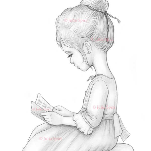 Coloring Page, Digital stamp, Digi, Cute Girl, Read book, Reader, Female portrait, Romantic, Vintage, Crafting, Grayscale, Line art. Amelie