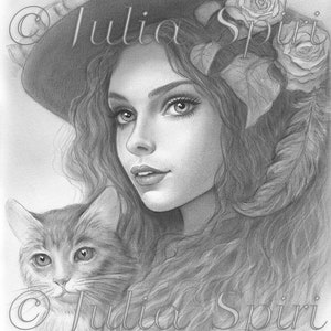 Coloring Page, Cute Girl, Fantasy Portrait, Flowers, Drawing, Grayscale. Gabriela and Cat