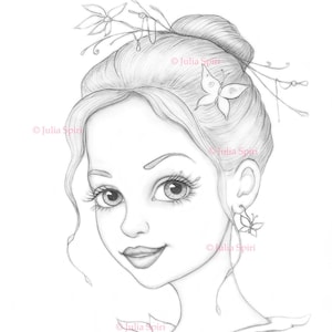 Coloring Page, Digital stamp, Digi, Girl Portrait, Spring, Butterfly, Fairy, Whimsy, Crafting, Grayscale, Line art. Celeste