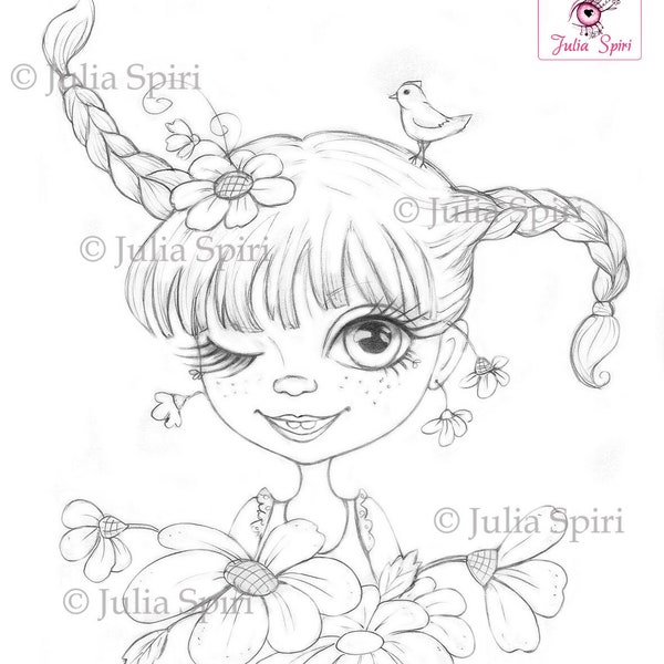 Girl Coloring Page, Digital stamp, Digi, Cute Whimsical Child, Flowers, Braids, Crafting, Fantasy, Whimsy, Craft. Pippi