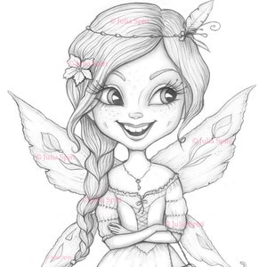 Coloring Page, Digital stamp, Digi, Girl, Fantasy, Fairy, Happy Girl, Fantasy, Crafting, Scrapbooking, Black & White. Smile