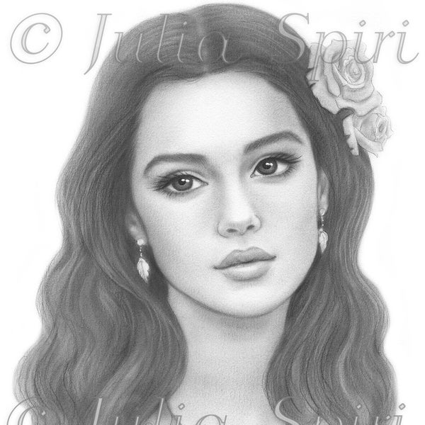 Coloring Page, Digital stamp, Beautiful Digi, Girl, Realistic Portrait, Women, Grayscale. Femininity