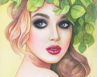 Grayscale Coloring Page, Digital stamp, Digi, Girl Realistic Portrait, Flora, Floral, Leaf, Colored pencils, Black & White lineart. Fleur