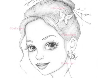 Coloring Page, Digital stamp, Digi, Girl Portrait, Spring, Butterfly, Fairy, Whimsy, Crafting, Grayscale, Line art. Celeste