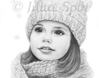 Coloring Page, Digital stamp, Beautiful Digi, Little Cute Girl, Realistic Portrait, Butterfly, Grayscale. Snowflakes