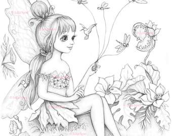 Coloring Page, Digital stamp, Digi, Dragonfly, Orchids, Flowers, Tropics, Whimsy, Line art. Tropical Fairy